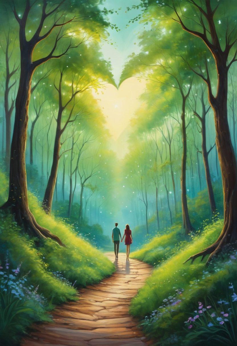 A serene landscape depicting a winding path through a lush green forest, symbolizing the journey of love. Along the path, couples of diverse backgrounds hold hands, sharing laughter and moments of joy. Above them, twinkling stars form the shape of a heart, emphasizing romance and connections. Soft, warm colors create a loving atmosphere, inviting viewers into the scene. painting. vibrant colors. ethereal mood.