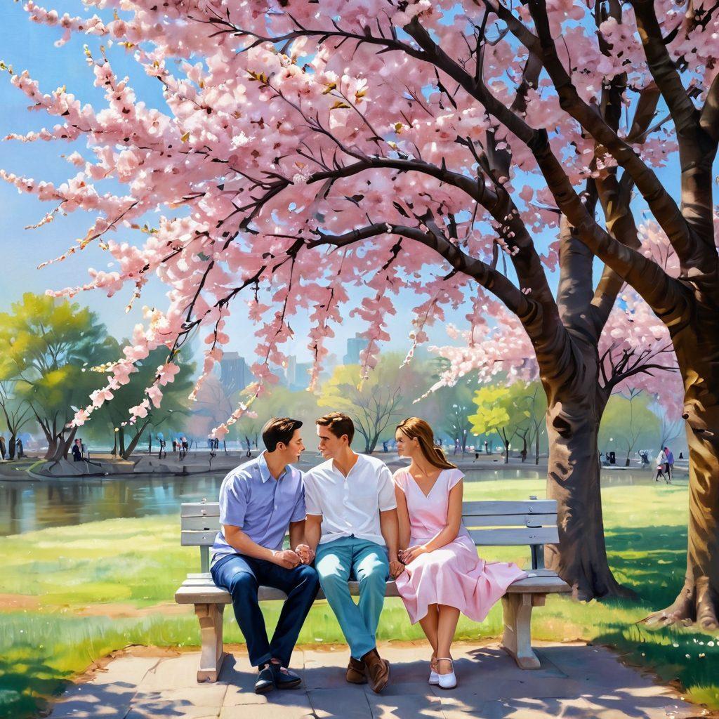 A serene scene depicting a couple sitting on a park bench under a blooming cherry blossom tree, sharing a heartfelt conversation with soft smiles. Surround them with gentle lighting and ethereal butterflies to symbolize their deep connection and love. Incorporate pastel colors to create a dreamy atmosphere that evokes feelings of warmth and intimacy. painting. vibrant colors. soft focus.